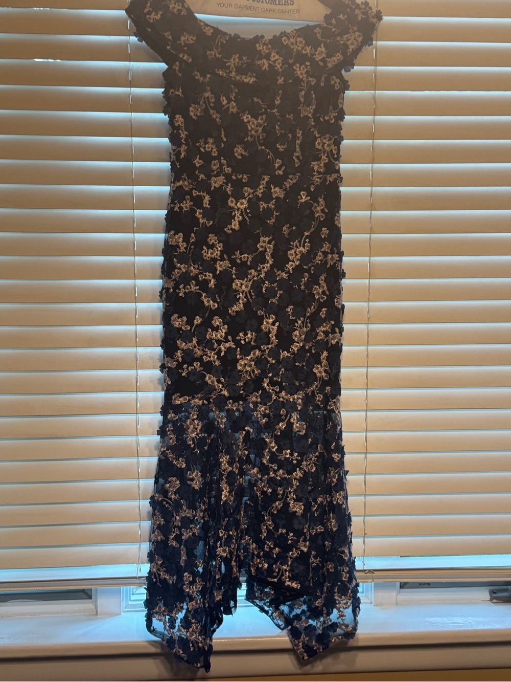 Xscape Navy and Cream Floral Lace Evening Dress
